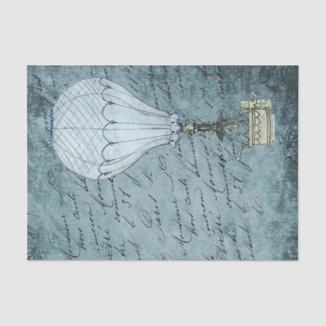 Steampunk Hot Air Balloon Dusk Blue Handwriting Tissue Paper (Front)