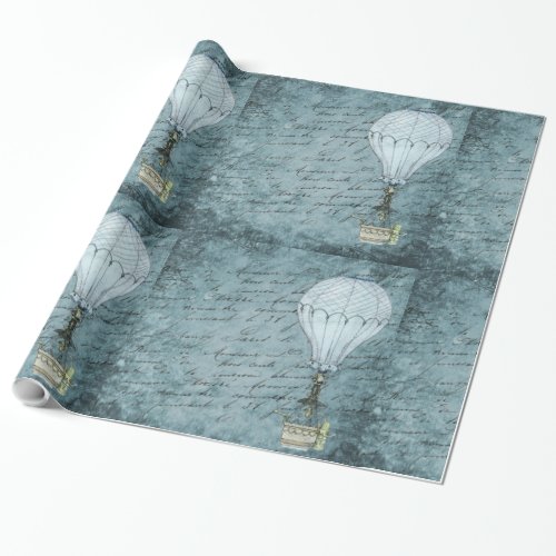 Steampunk Hot Air Balloon Dusk Blue Handwriting Wrapping Paper