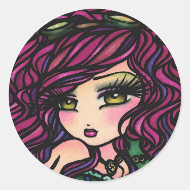 Steampunk Hot Air Balloon Girl Fantasy Art Classic Round Sticker (Front)