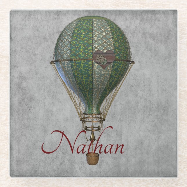 Steampunk Hot Air Balloon Personalized Glass Coaster (Front)