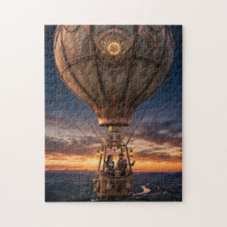 Steampunk Hot air balloon ride at dusk over river  Jigsaw Puzzle
