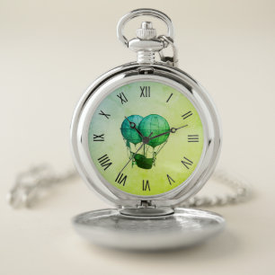 Steampunk Hot Air Balloons Green Roman Numerals Pocket Watch