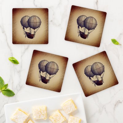 Steampunk Hot Air Balloons with Ship Coaster Set