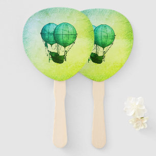 Steampunk Hot Air Balloons with Ship Green Hand Fan
