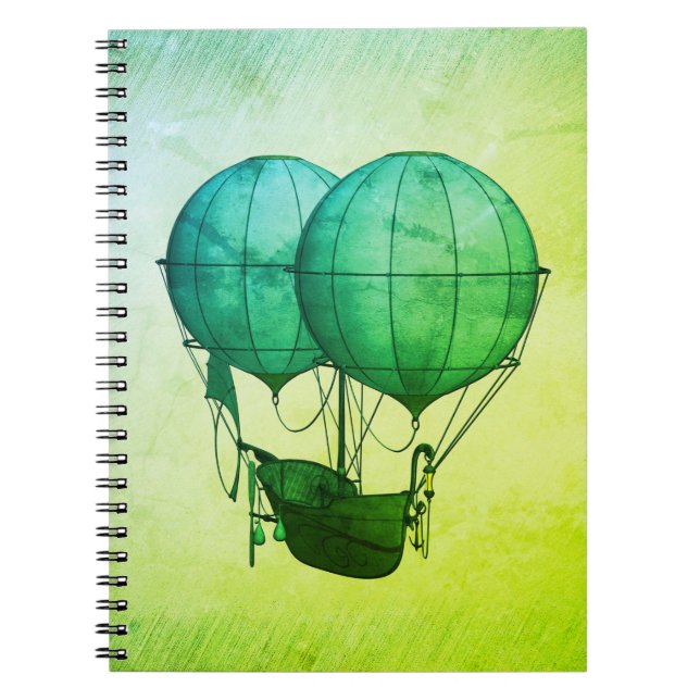 Steampunk Hot Air Balloons with Ship Green Notebook (Front)