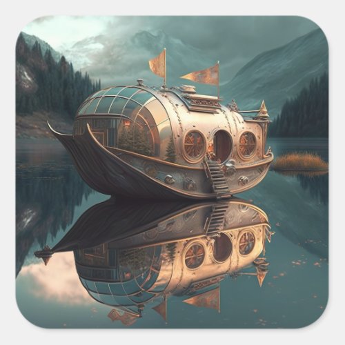 Steampunk Houseboat Square Sticker