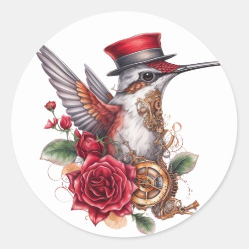 Steampunk Hummingbird with Red Hat and Clockwork Classic Round Sticker