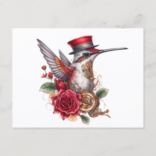 Steampunk Hummingbird with Red Hat and Clockwork Holiday Postcard