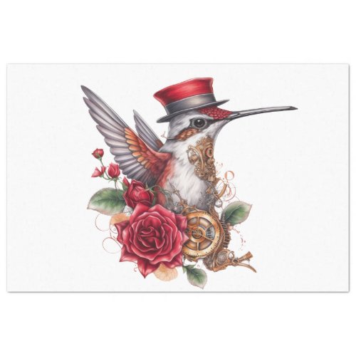 Steampunk Hummingbird with Red Hat and Clockwork Tissue Paper