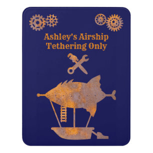 Steampunk Humorous Airship Tethering Rusty Gears Door Sign