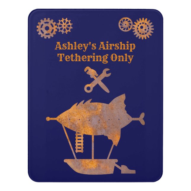 Steampunk Humorous Airship Tethering Rusty Gears Door Sign (Contemporary Vert)