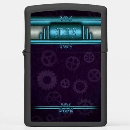 Steampunk ice blue on purple cogwheels Monogram Zippo Lighter