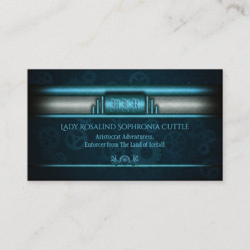 Steampunk ice blue on teal cogwheels Monogram Business Card