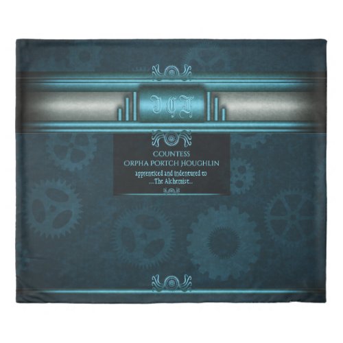 Steampunk ice_blue on teal cogwheels Monogram Duvet Cover