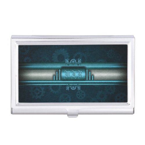 Steampunk, ice-blue on teal gears, Monogram Business Card Case