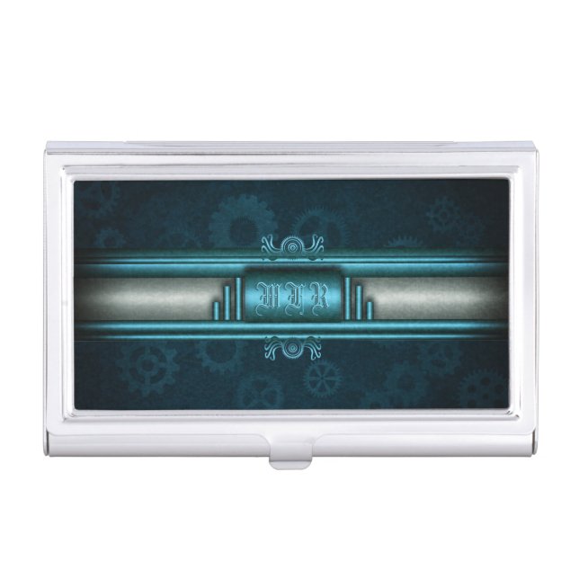 Steampunk, ice-blue on teal gears, Monogram Business Card Case (Front)