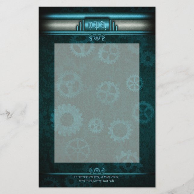 Steampunk, ice-blue on teal gears, Monogram Stationery (Front)