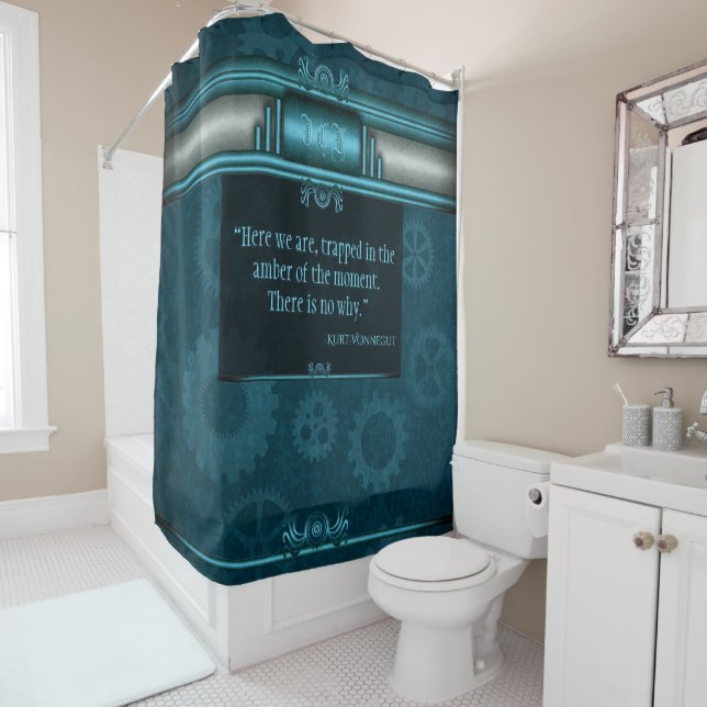 Steampunk, ice-blue on teal gearwheels, Monogram Shower Curtain (In Situ)