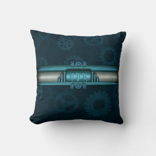 Steampunk, ice-blue on teal geers with Monogram Throw Pillow