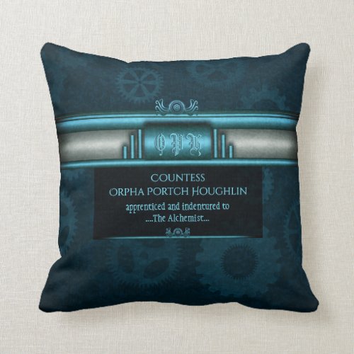 Steampunk, ice-blue on teal geers with Monogram Throw Pillow