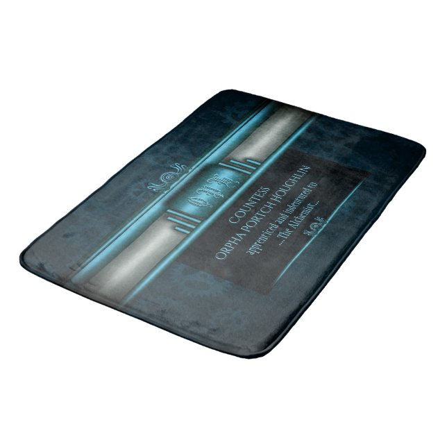 Steampunk, ice-blue on teal sprockets bathroom mat (Angled)