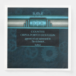 Steampunk, ice-blue on teal sprockets, Monogram Paper Dinner Napkins