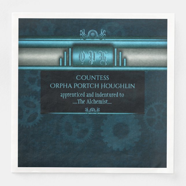 Steampunk, ice-blue on teal sprockets, Monogram Paper Dinner Napkins (Front)