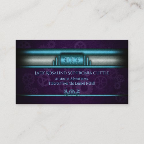 Steampunk, ice blue, purple cogwheels, Monogram Business Card