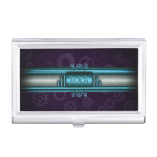Steampunk, ice blue, purple gears with Monogram Case For Business Cards
