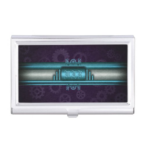 Steampunk, ice blue, purple gears with Monogram Case For Business Cards