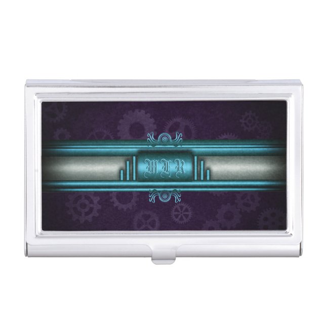 Steampunk, ice blue, purple gears with Monogram Case For Business Cards (Front)