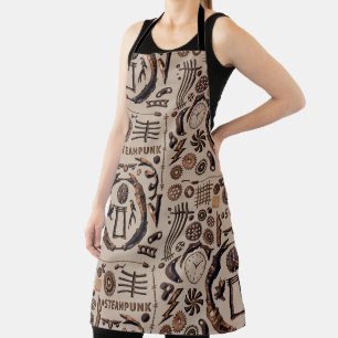 Steampunk Illustrations Pattern Brown Apron