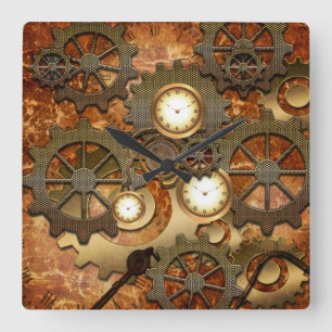 Steampunk in golden colors square wall clock