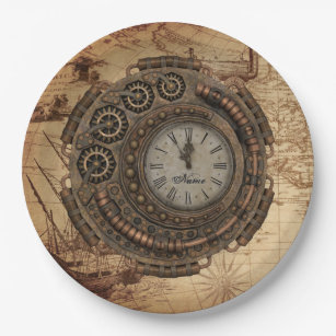 Steampunk Industrial Clock Machinery Vintage Map Paper Plates