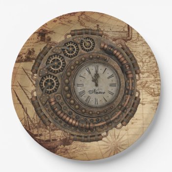 Steampunk Industrial Clock Machinery Vintage Map Paper Plates by BCVintageLove at Zazzle
