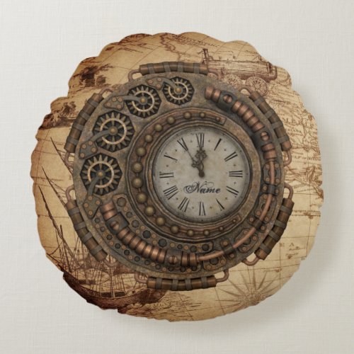 Steampunk Industrial Clock Machinery Vintage Map Round Pillow