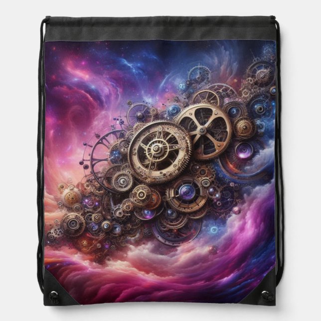 Steampunk Industrial Clockwork Purple and Pink Drawstring Bag (Front)