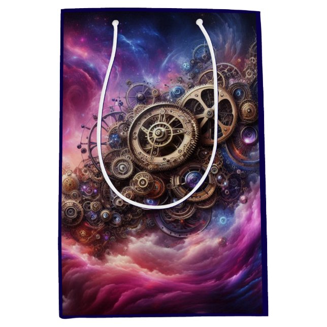 Steampunk Industrial Clockwork Purple and Pink Medium Gift Bag (Front)