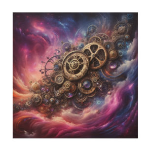 Steampunk Industrial Clockwork Purple and Pink Wood Wall Art