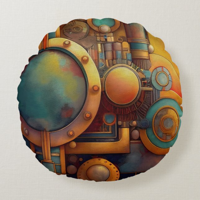 Steampunk Industrial Geometry Art Round Pillow (Front)