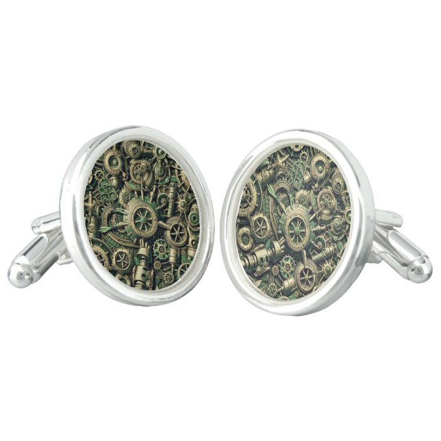 Steampunk Industrial Green Clockwork Gears Cufflinks (Angled)