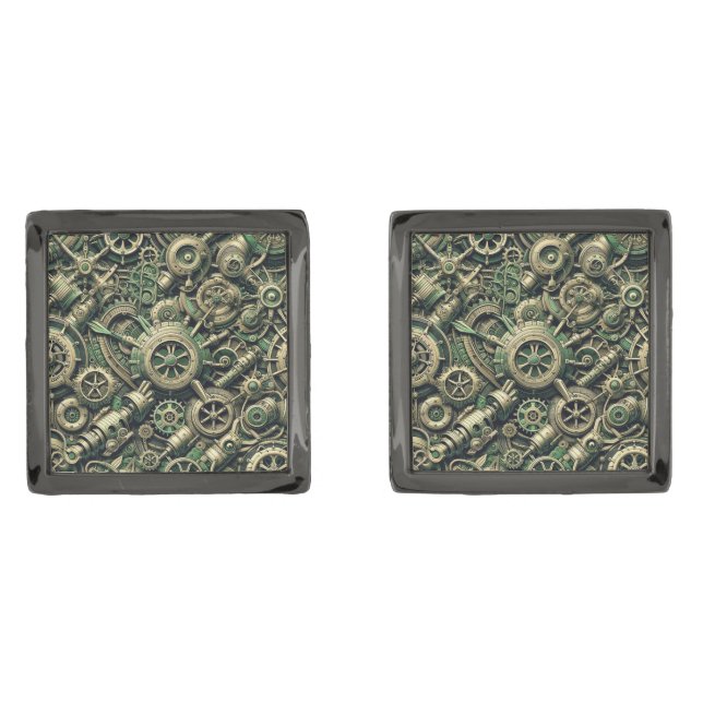 Steampunk Industrial Green Clockwork Gears Cufflinks (Front)