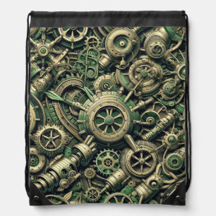 Steampunk Industrial Green Clockwork Gears Drawstring Bag