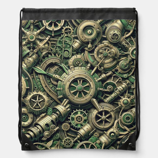 Steampunk Industrial Green Clockwork Gears Drawstring Bag (Front)