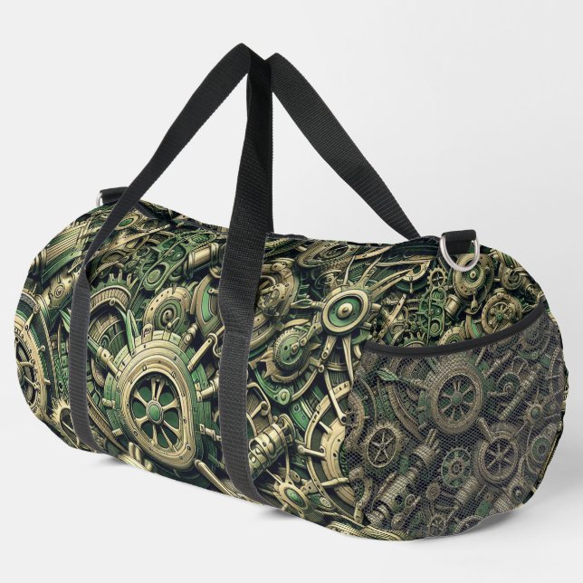 Steampunk Industrial Green Clockwork Gears Duffle Bag (Right Corner)