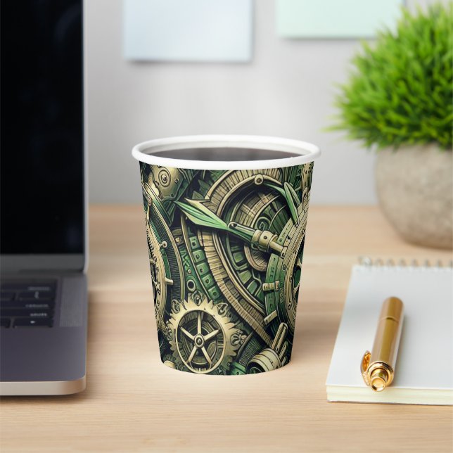 Steampunk Industrial Green Clockwork Gears Paper Cups (Insitu)