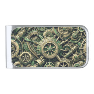 Steampunk Industrial Green Clockwork Gears Silver Finish Money Clip