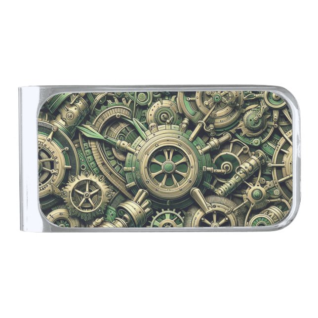 Steampunk Industrial Green Clockwork Gears Silver Finish Money Clip (Front)