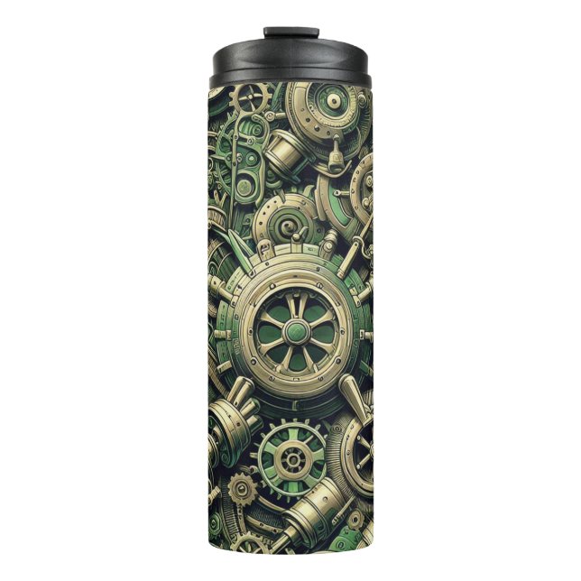 Steampunk Industrial Green Clockwork Gears Thermal Tumbler (Front)