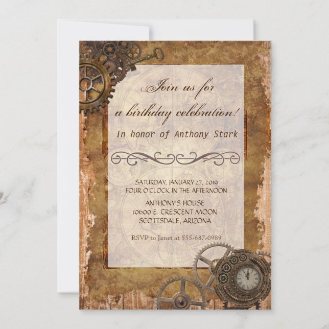 Steampunk Industrial Vintage Birthday Party Invite (Front)